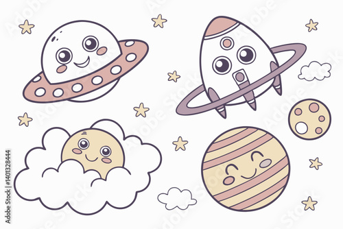 Cute Space Cartoon Characters Planets Rocket UFO Stars and Clouds