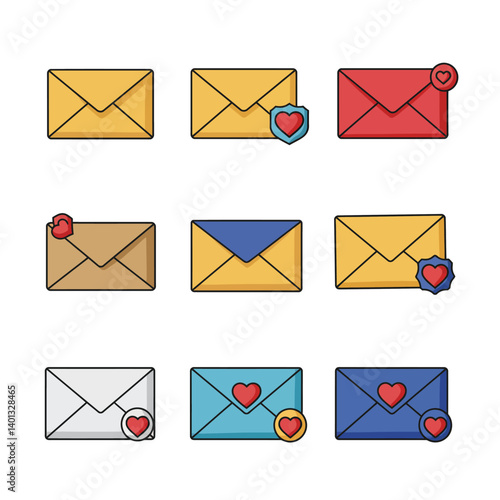 Colorful envelopes with heart decorations in flat design style vector art