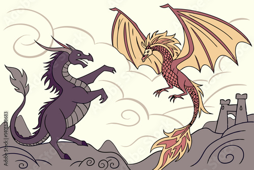 Fantasy Cartoon Mythical Dragons Epic Battle Purple Gray and Red Orange Illustration Castle Clouds