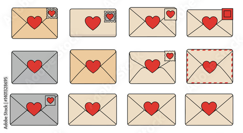 Collection of envelopes with hearts in a flat design style vector art