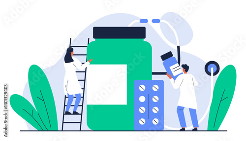 Pharmacist tiny doctors analyzing medicine and pills. Concept of pharmacy, healthcare service. Medication supply. Isolated vector illustration in cartoon style	
