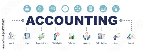 Accounting banner web icon for business company, audit, ledger, income statement, balance sheet, expenses, calculation and consultation. SEO, Sign, Business. Cartoon infographics. Vector illustration