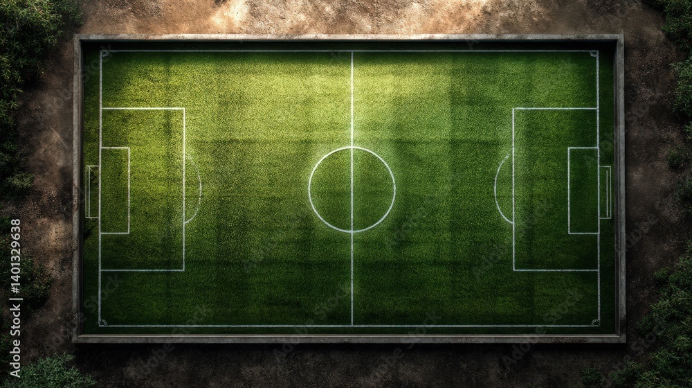 Aerial View of an Empty Soccer Field at Dusk Green Grass Soccer Pitch from Above