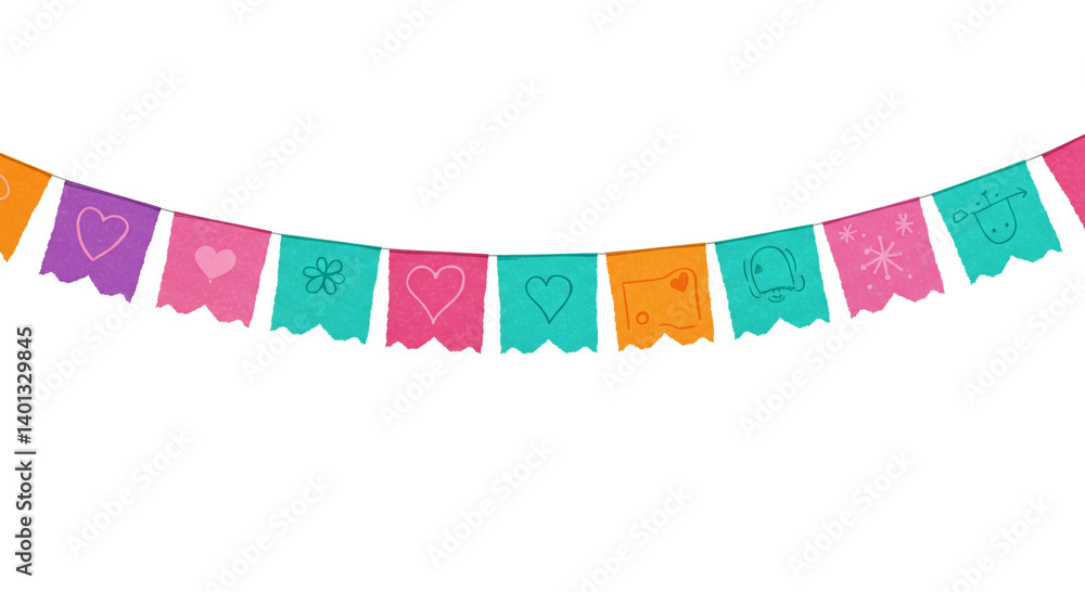 Colorful Festa Junina garland featuring rectangular flags in vibrant shades of purple, pink, teal, and orange, each with festive symbols like hearts and stars, creating a joyful celebration vibe Colorful Festa Junina garland featuring rectangular flags in vibrant shades of purple, pink, teal, and orange, each with festive symbols like hearts and stars, creating a joyful celebration vibe