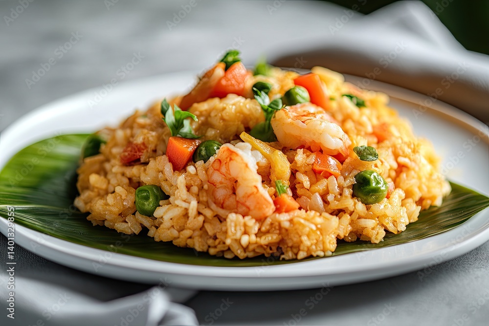 A plate of flavorful shrimp fried rice served on a banana leaf. A plate of flavorful shrimp fried rice served on a banana leaf.