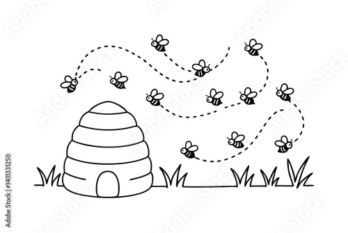 Beehive Illustration With Bees Flying Around On White Background Dotted Lines
