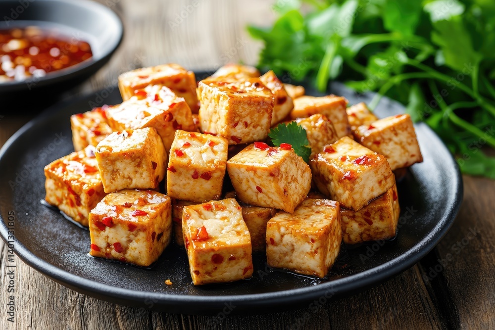 Pan-fried tofu cubes with a spicy chili sauce. Pan-fried tofu cubes with a spicy chili sauce.