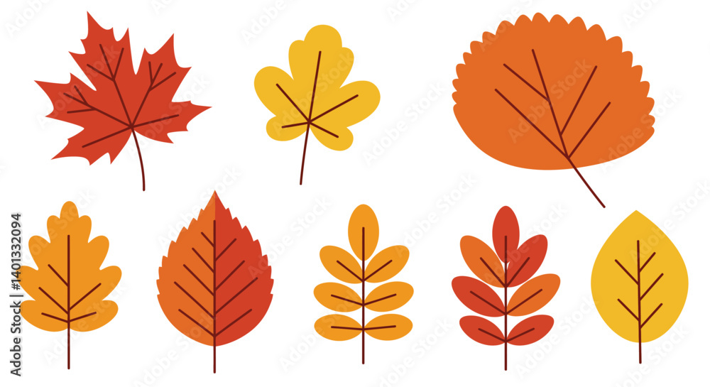 Fototapeta premium Colorful autumn leaves in flat design style showcasing variety of shapes vector illustration