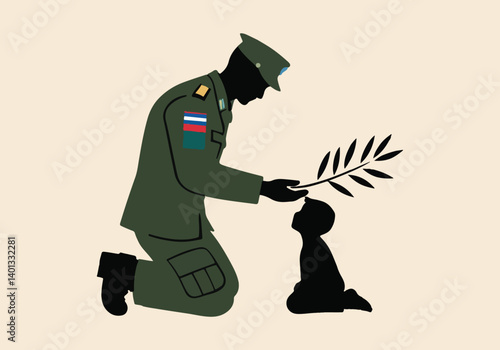 UN Peacekeeper with Blue Helmet, Olive Branch, and Peace Sign in Solid Color Vector Illustration for International Day of Peacekeeping, Representing Global Unity and Peace Efforts