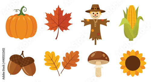 Colorful autumn elements featuring pumpkin, leaves, scarecrow, and corn in flat vector art