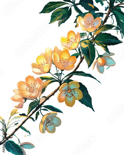 Elegant branch of yellow and white spring blossoms surrounded by lush green botanical leaves