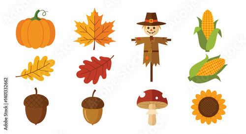 Colorful autumn harvest elements in flat design style vector art