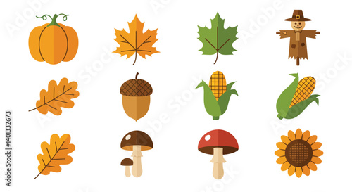 Colorful autumn harvest elements in flat vector illustration style with pumpkins, leaves, and corn vector art