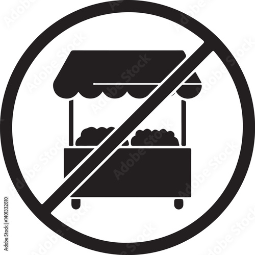 A simple black and white vector icon showing a market stall with a prohibition sign over it. This image is suitable for use in indicating restrictions or regulations regarding market stalls.