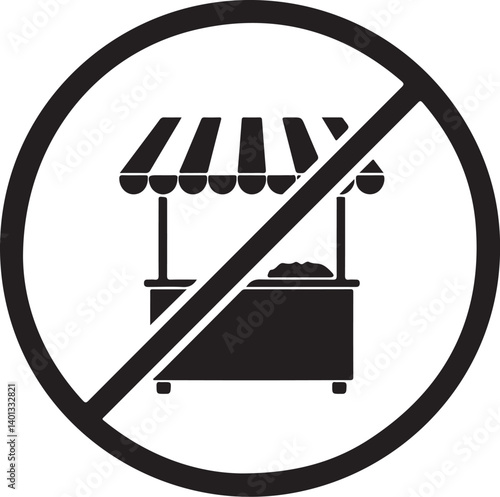 A simple black and white vector icon showing a market stall with a prohibition sign over it. This image is suitable for use in indicating restrictions or regulations regarding market stalls.