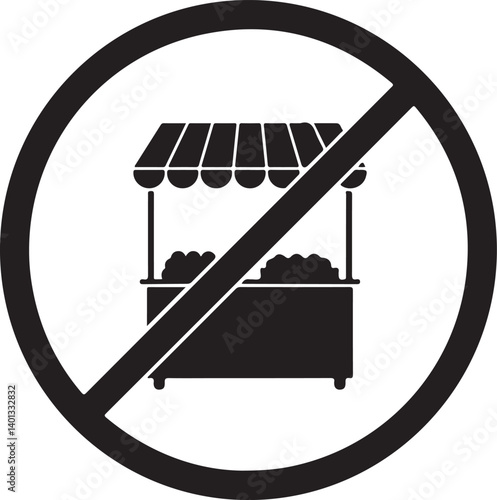 A simple black and white vector icon showing a market stall with a prohibition sign over it. This image is suitable for use in indicating restrictions or regulations regarding market stalls.