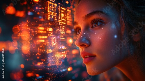 A young woman gazes intently at glowing digital patterns while surrounded by vibrant, illuminated data visuals, showcasing a blend of technology and art