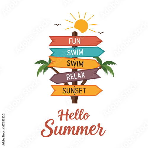 Colorful summer signpost displaying activities and greetings under a bright sun