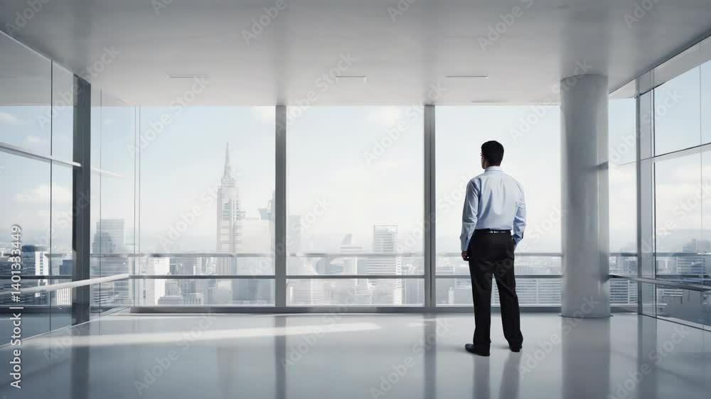 A person standing in front of a large window, gazing out at the city below. A person standing in front of a large window, gazing out at the city below.