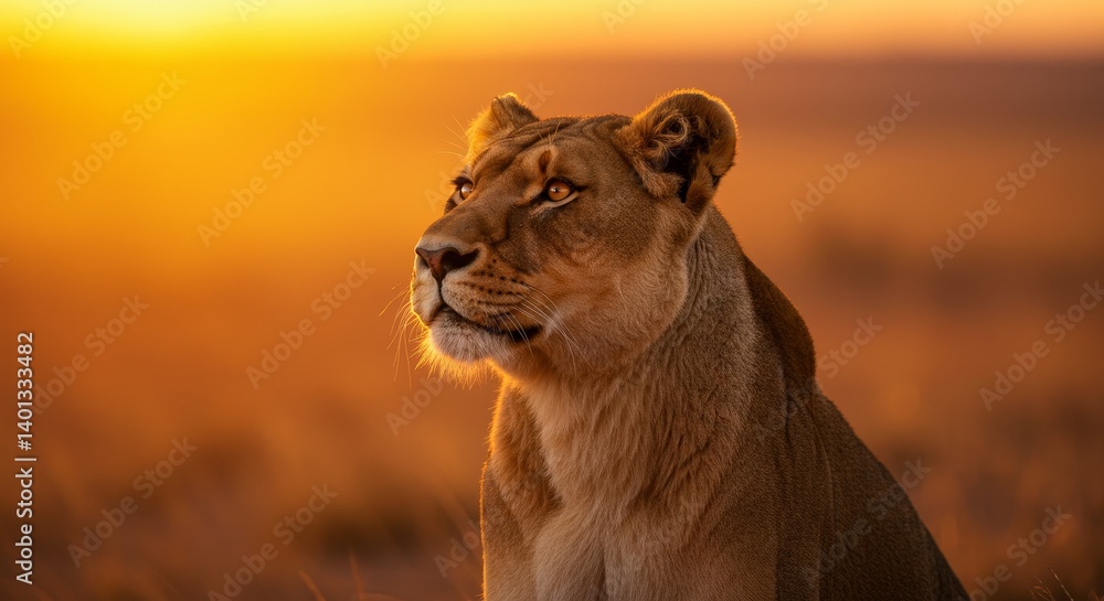 Naklejka premium Majestic Lioness Sunset Gaze - A regal lioness, bathed in golden sunset light, symbolizes power, grace, freedom, wild beauty, and the untamed spirit