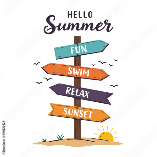 Colorful summer signpost with directional arrows and cheerful summer themes depicted