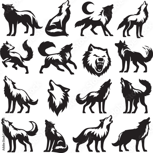 Set of wolf silhouette vector-bold black wild animal illustrations 