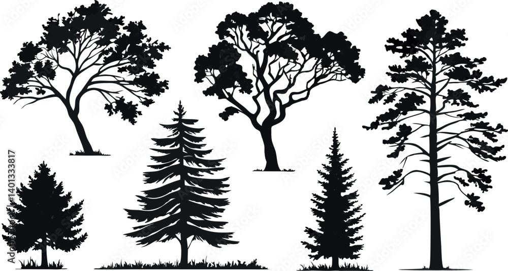 Obraz premium Pine Tree Forest Silhouette – Black and White Evergreen Tree line Vector Illustration