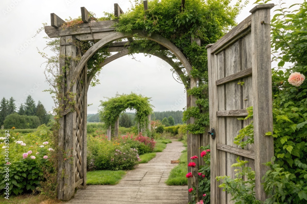 Obraz premium Walking Through a Wooden Archway in a Blooming Garden Generative AI