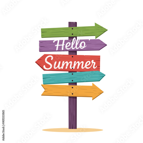 Colorful wooden signpost displaying greetings for summer with multiple directional arrows
