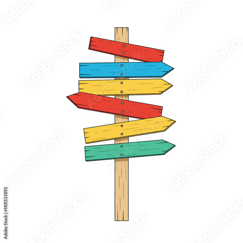 Colorful wooden signpost with multiple directional arrows pointing in various directions