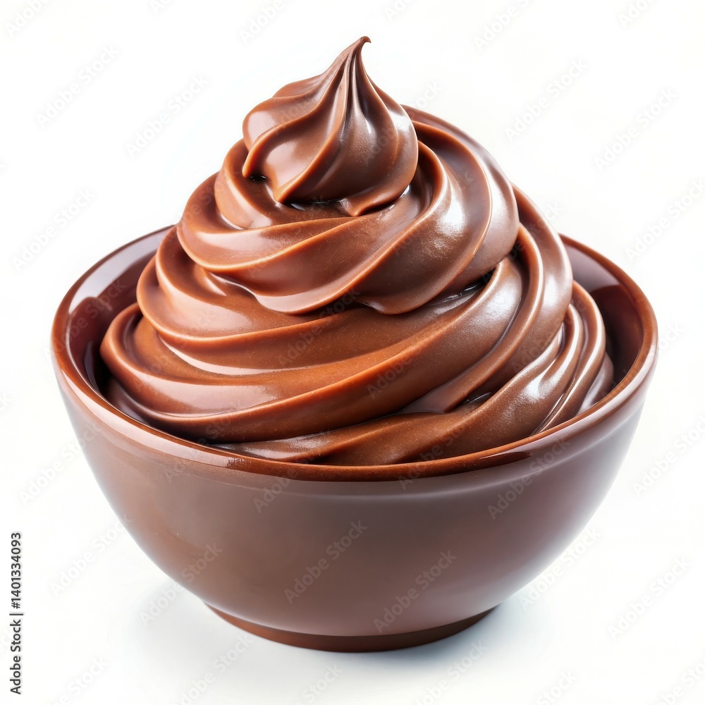 Rich chocolate cream swirls in bowl smooth texture glossy finish Rich chocolate cream swirls in bowl smooth texture glossy finish