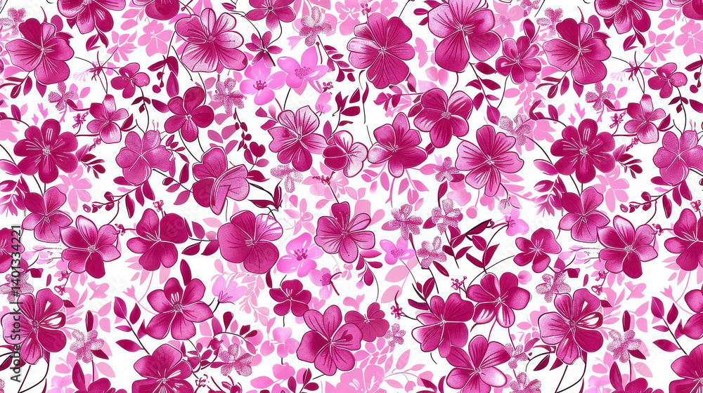 Vibrant floral pattern featuring various pink flowers and delicate leaves, creating lively and cheerful atmosphere. This design is perfect for textiles, wallpapers, and decorative items Vibrant floral pattern featuring various pink flowers and delicate leaves, creating lively and cheerful atmosphere. This design is perfect for textiles, wallpapers, and decorative items