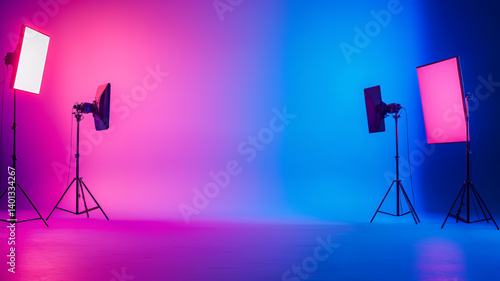 Bright studio lights create vibrant atmosphere with pink and blue hues, perfect for photography sessions