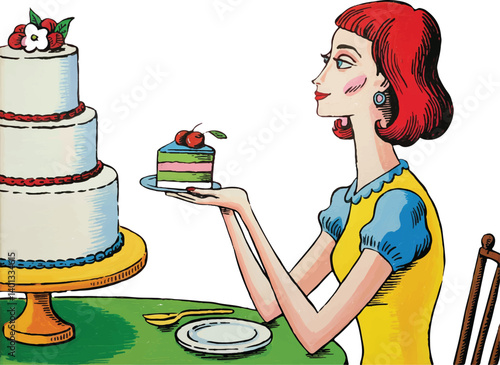 Colorful retro-style illustration of woman with red hair holding slice of layered dessert cake