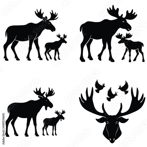 Silhouette Illustration Of Moose Family And Head With Flying Birds Collection