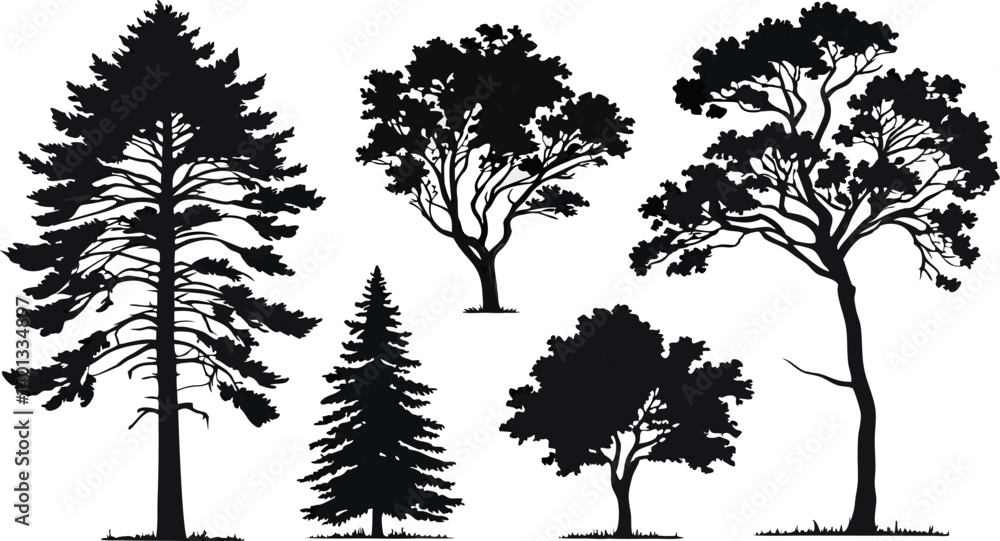 Obraz premium Pine Tree Forest Silhouette – Black and White Evergreen Tree line Vector Illustration