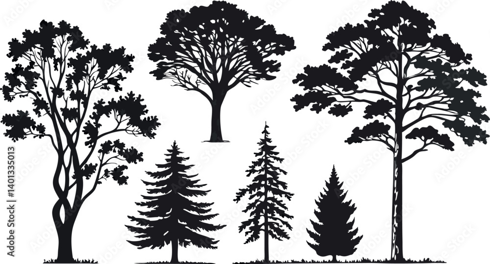 Obraz premium Pine Tree Forest Silhouette – Black and White Evergreen Tree line Vector Illustration