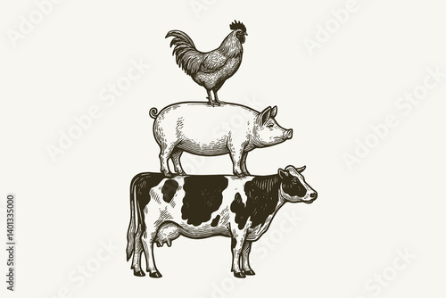Engraving of rooster pig and cow stacked in farm animal pyramid