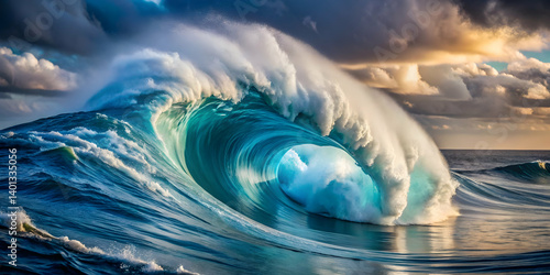 Aerial view of a monstrous wave breaking in deep ocean waters