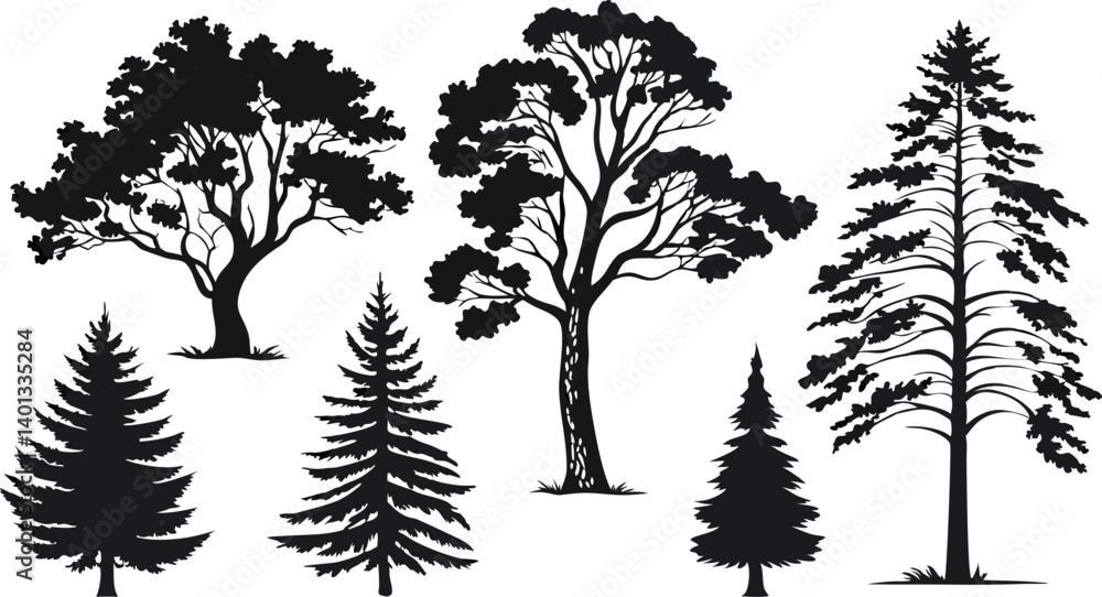 Obraz premium Pine Tree Forest Silhouette – Black and White Evergreen Tree line Vector Illustration