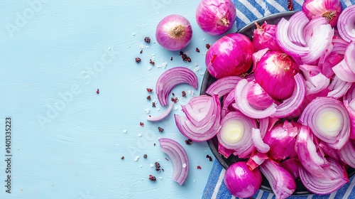   Red onions in a bowl on blue table with knife and scissors nearby