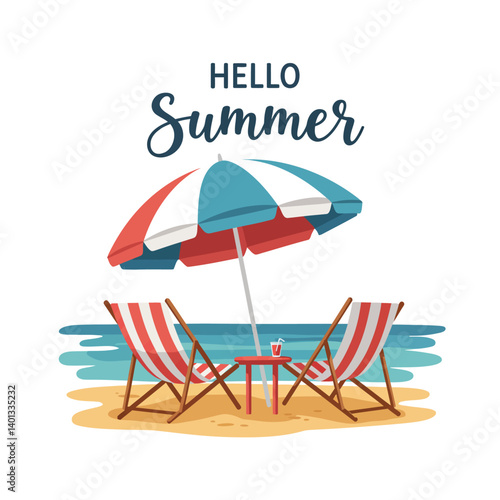 Beach scene with chairs, umbrella, and refreshing drink for summer relaxation