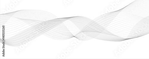 Abstract wave gray lines on transparent background. Design for banner, wallpaper,  Stylized line art background. Vector illustration. Wave with lines created using blend tool. Curved wavy line,  