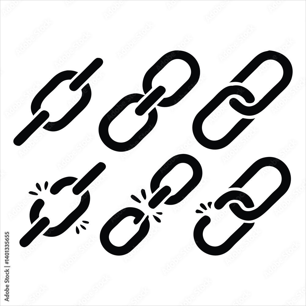 Collection of diverse chain link icons, including connected and broken chain links, representing connection, disconnection, and fragility. Collection of diverse chain link icons, including connected and broken chain links, representing connection, disconnection, and fragility.