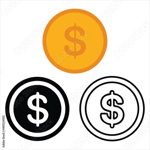 Three variations of a dollar coin icon design, including filled, outlined, and gold coin styles for financial and monetary applications.