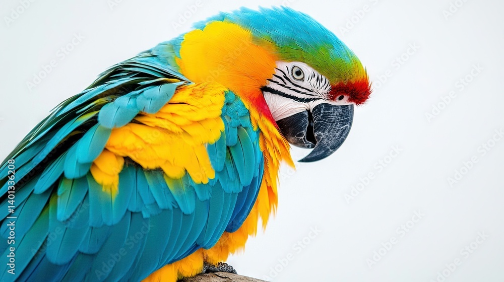 Fototapeta premium A vibrant parrot perched atop a tree limb, adorned with a blue, yellow, and green headdress