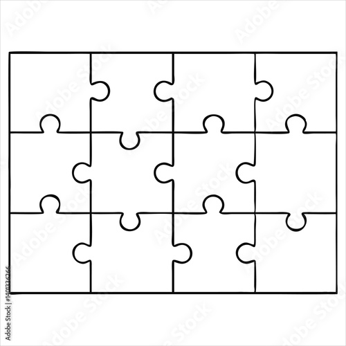 Blank Jigsaw Puzzle Template: Twelve Pieces, Simple Design, Easy to Customize, Ideal for Kids' Crafts, Educational Activities, or DIY Projects.  Perfect for Printing and Assembling.