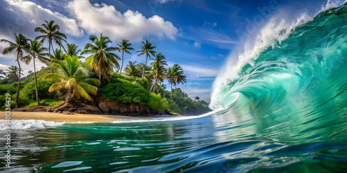 Wave breaking near a lush, tropical island beach
