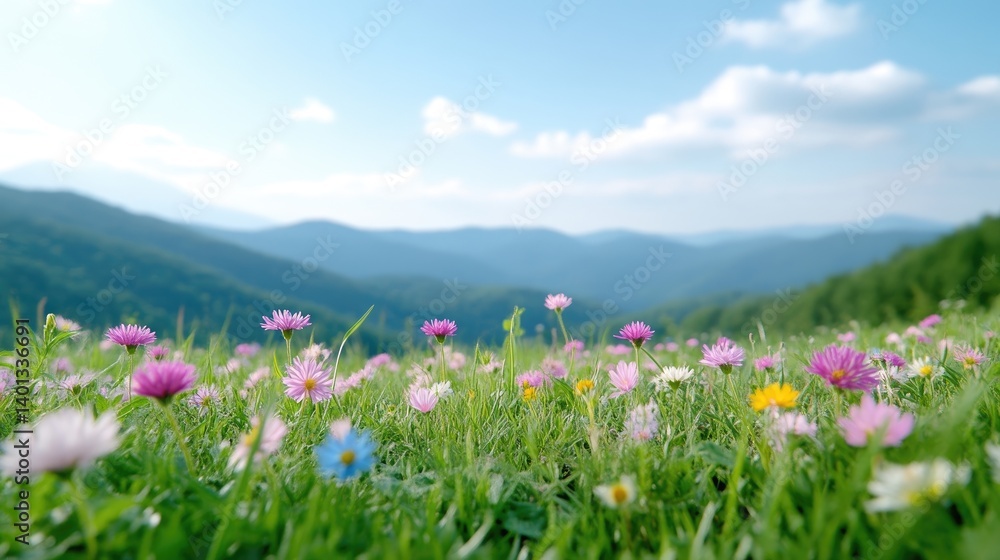 A vibrant meadow of wildflowers atop a mountain range A vibrant meadow of wildflowers atop a mountain range