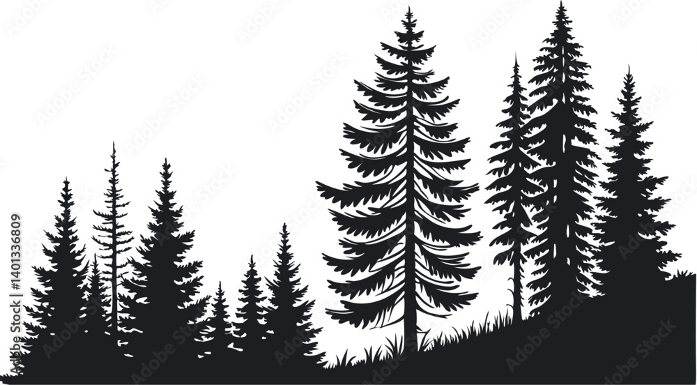 Obraz premium Pine Tree Forest Silhouette – Black and White Evergreen Tree line Vector Illustration